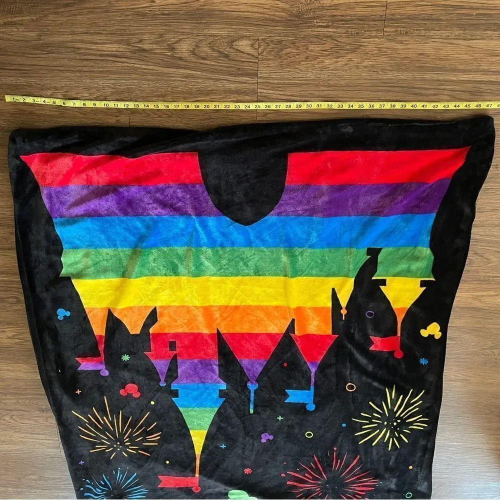 Disney Mickey Rainbow and Castle Sequin Plush Throw 48” x 56” Black and Rainbow